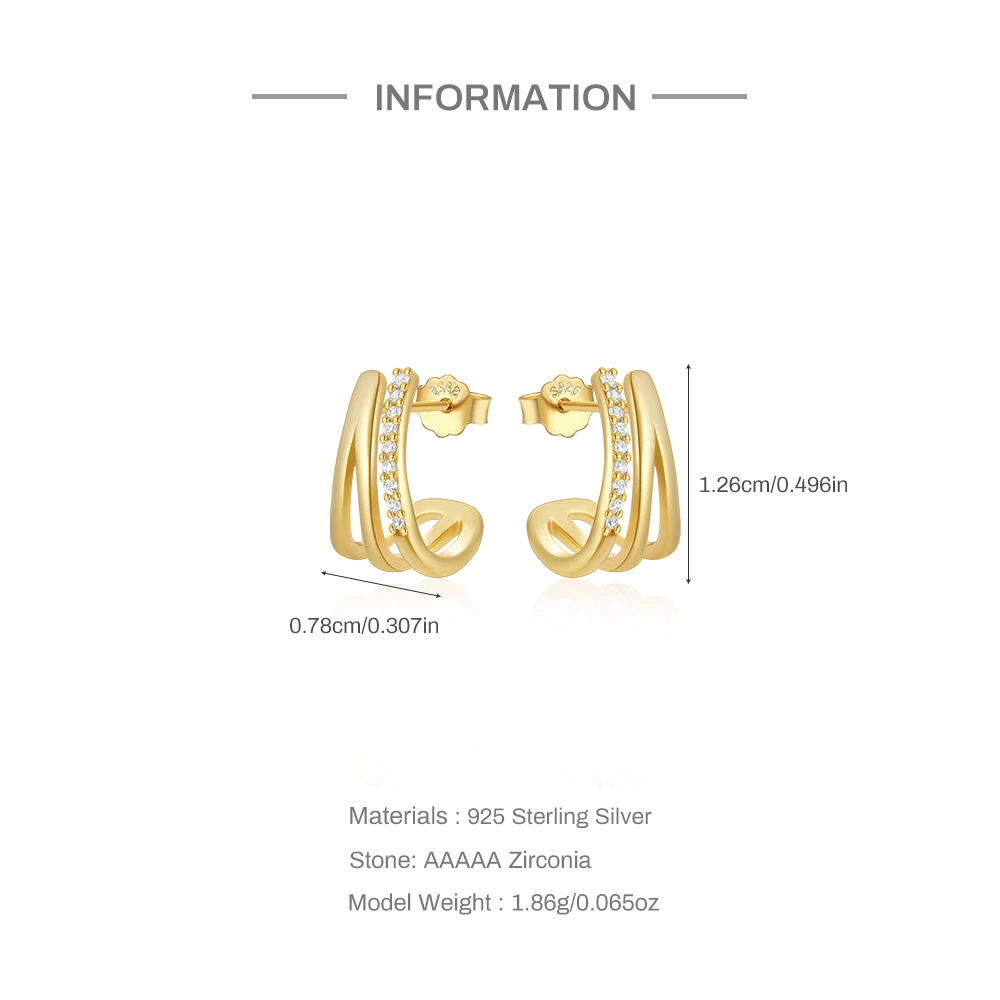 Minimalist 925 Sterling Silver 18k Gold Plated Cubic Zirconia Triple Huggie C-Shaped Women Hoop Earring