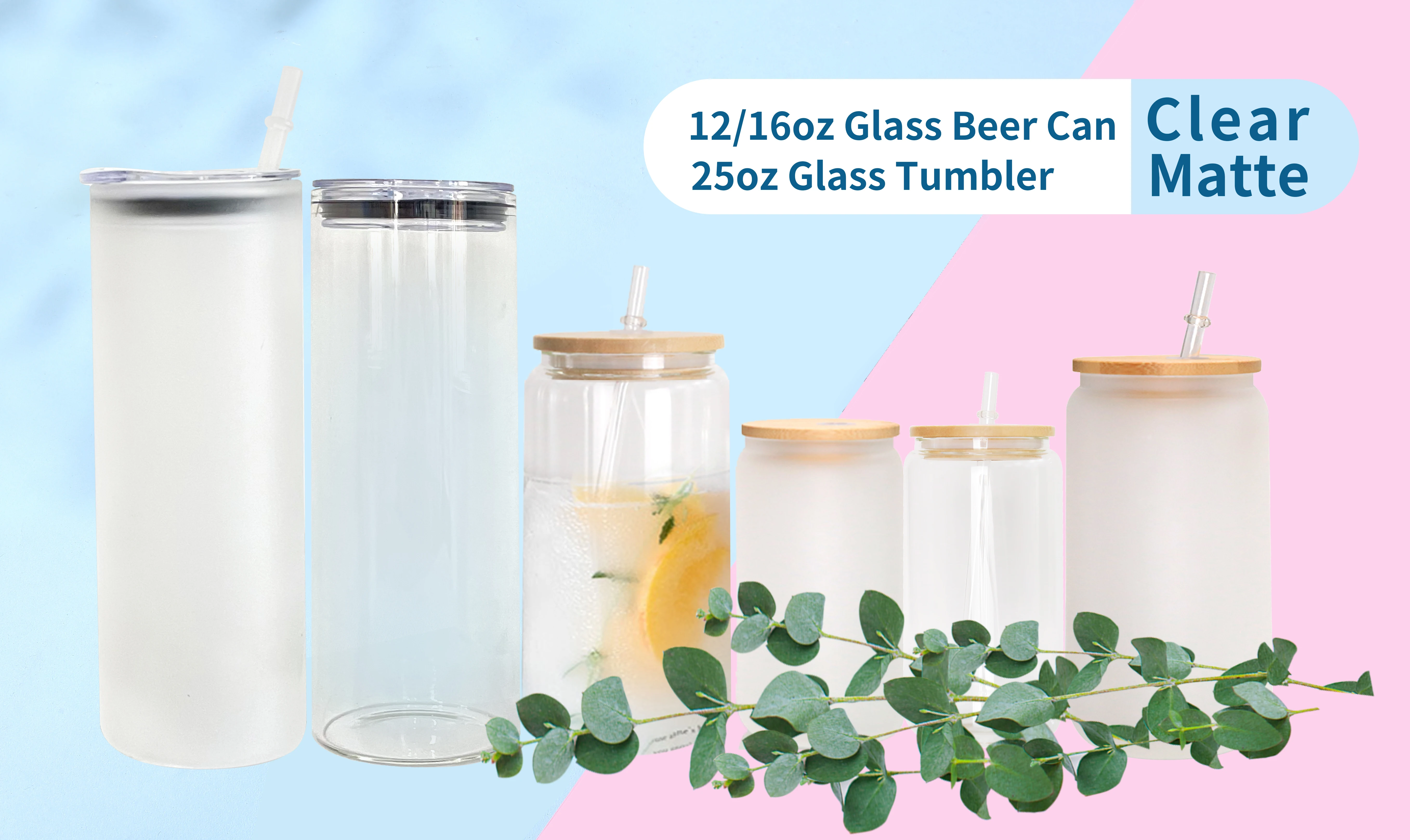 US warehouse sublimation glass can 12oz 16oz  juice iced coffee soda shaped coke beer glass can with bamboo lid