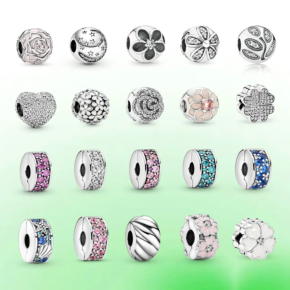 real 925 silver Classic pave setting Rose flower Love Four-leaf Clover clips spacer charms for 3-4MM snake bone bracelet