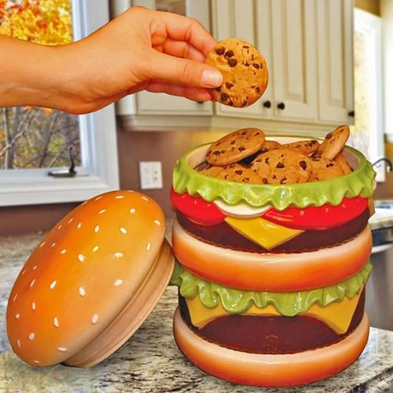 Custom handmade kitchen decor centrepiece hamburger burger shape storage canister porcelain chessburger cookie jar