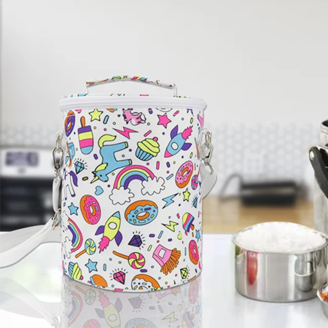 Custom Cartoon Graffiti Food Carrying Food Cylinder Bag Lunch Insulated Cooler Bag For Picnic