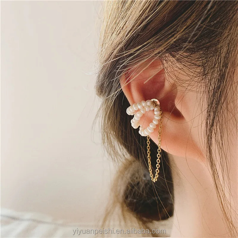 2022 Hot Sale Simple Sweet Pearl Magnet Ear Clip Earrings Link Chain No Ear Piercing Pearl Ear Cuff Earrings