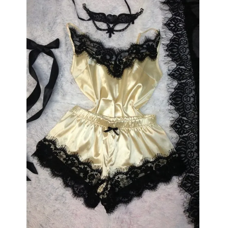 Hot Woman Sleepwear Spaghetti Strap Satin Silk Two Piece Nightwear Chemise Femme Cami Short Lace Pajamas Set
