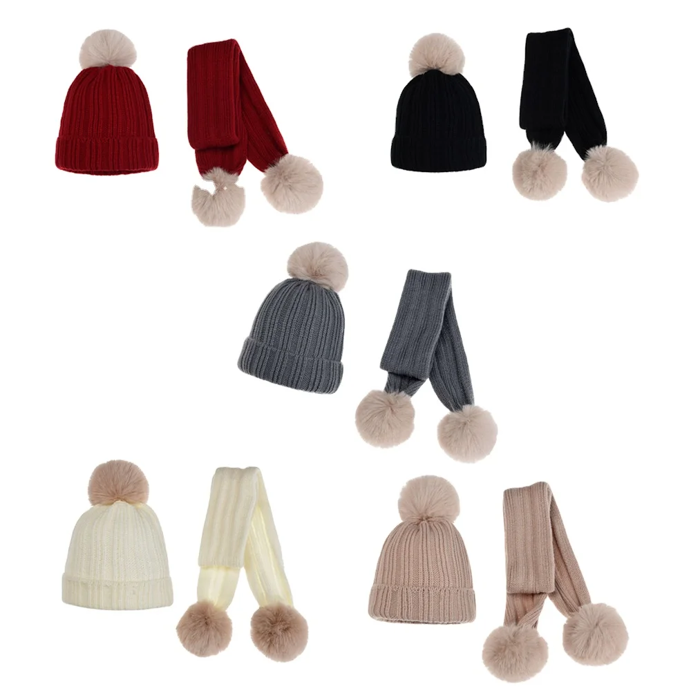 2021 new kids winter hat faux fur ball toddler baby Children two piece hat scarf set beanie with pompom