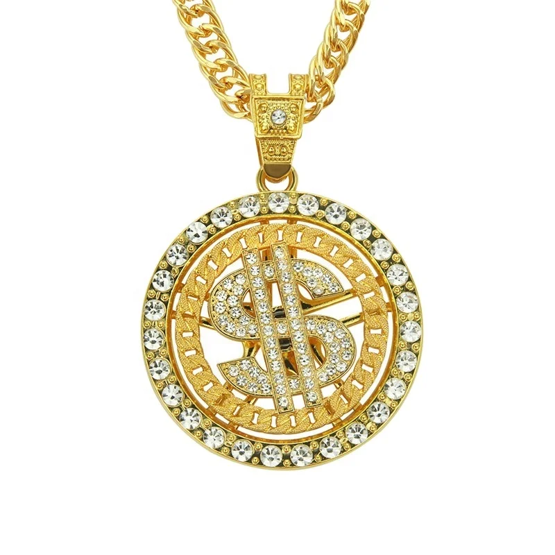 personalized luxury men turn diamond faddish round pendant coin gold dollar necklace