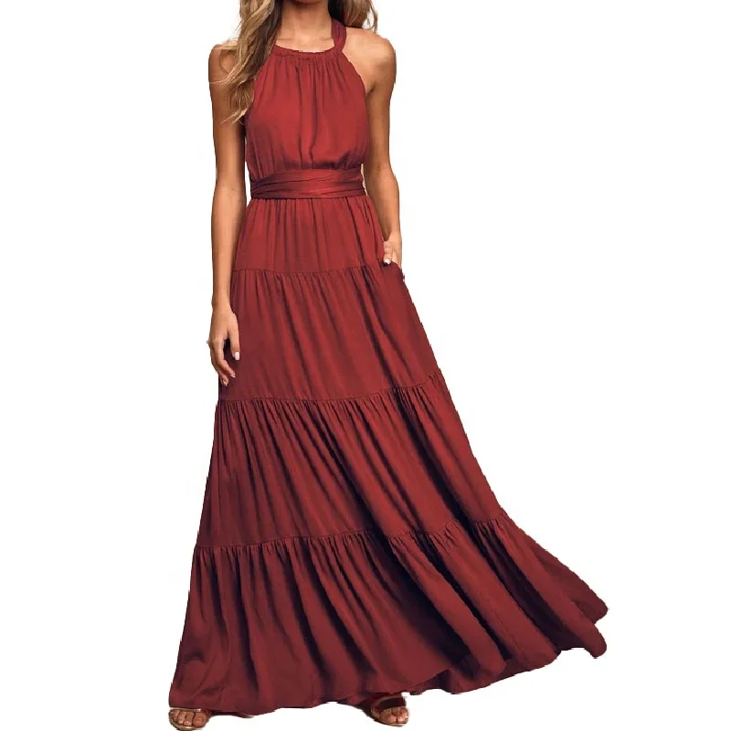 Elegant flirty burgundy casual halter convertible long summer beach cotton maxi bridesmaid dresses for beach wedding party