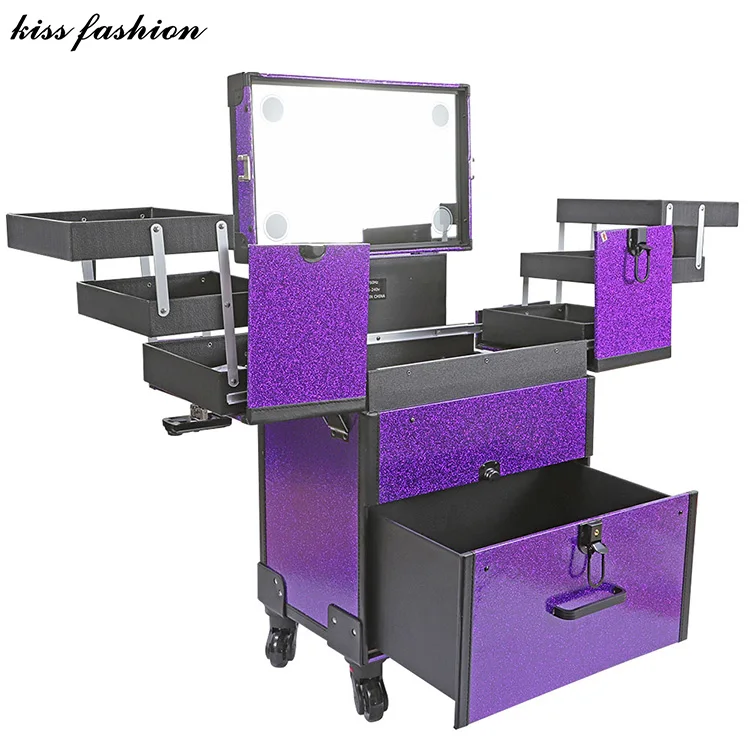 4-WHEELS LEATHERETTE PROFESSIONAL COOL LED LIGHT ROLLING STUDIO MAKEUP CASE WITH EXPANDABLE TRAYS, DRAWERS AND MIRROR