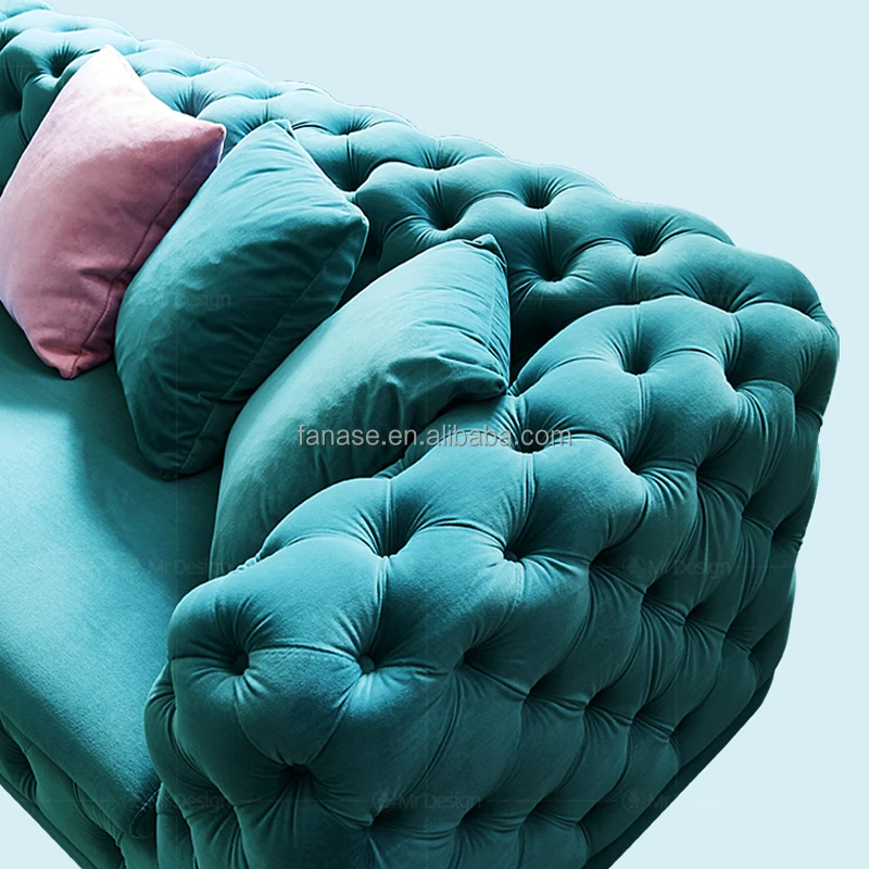 Nordic Light Luxury Fabric Sofa Villa Family Living Room Modern L-shaped Fabric Corner Pull Buckle Blue Curved Sofa
