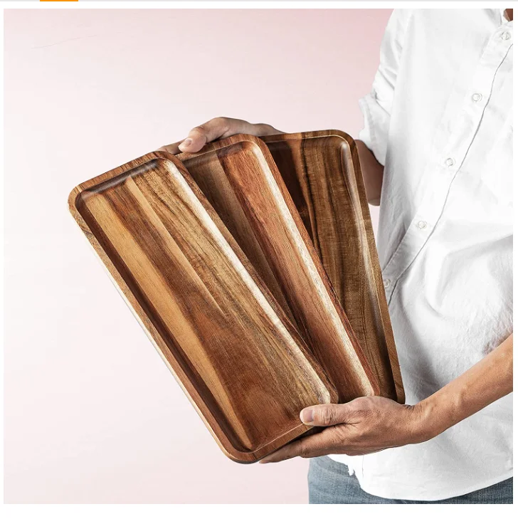 Hot Selling Custom Set of 3 Solid Wood Serving Trays Rectangular Wooden Serving Tray with Brown Marble Metal for Food Wholesale