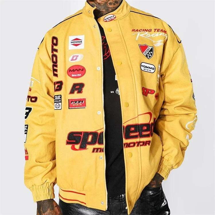 OEM custom logo windproof oversized twill speed moto funnel neck yellow leather jacket for men