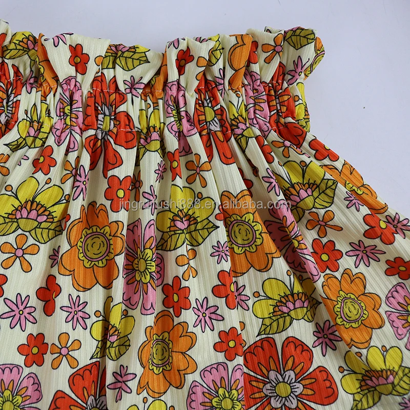 Hot Selling Rib Knit Fabric Fashion Baby Girls Dress High Waist Pleated Toddler Baby Flower Print Ruffle Skirt