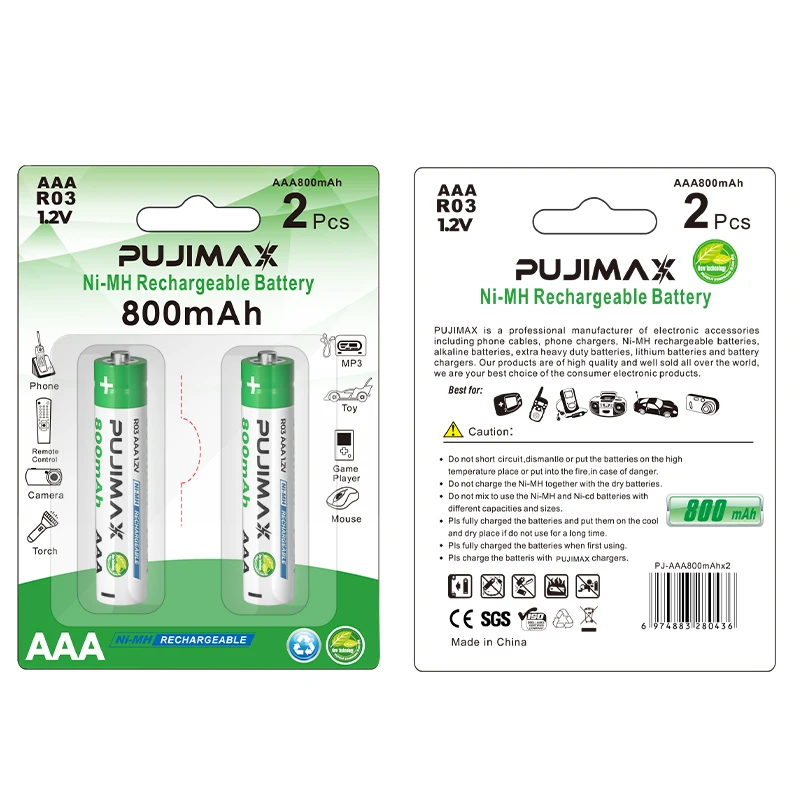 PUJIMAX Top Selling 2Pcs Suction Card Packing 1.2V Battery Pack 800Mah Aaa Rechargeable Battery 3A Ni-Mh Batteries For Fan Clock