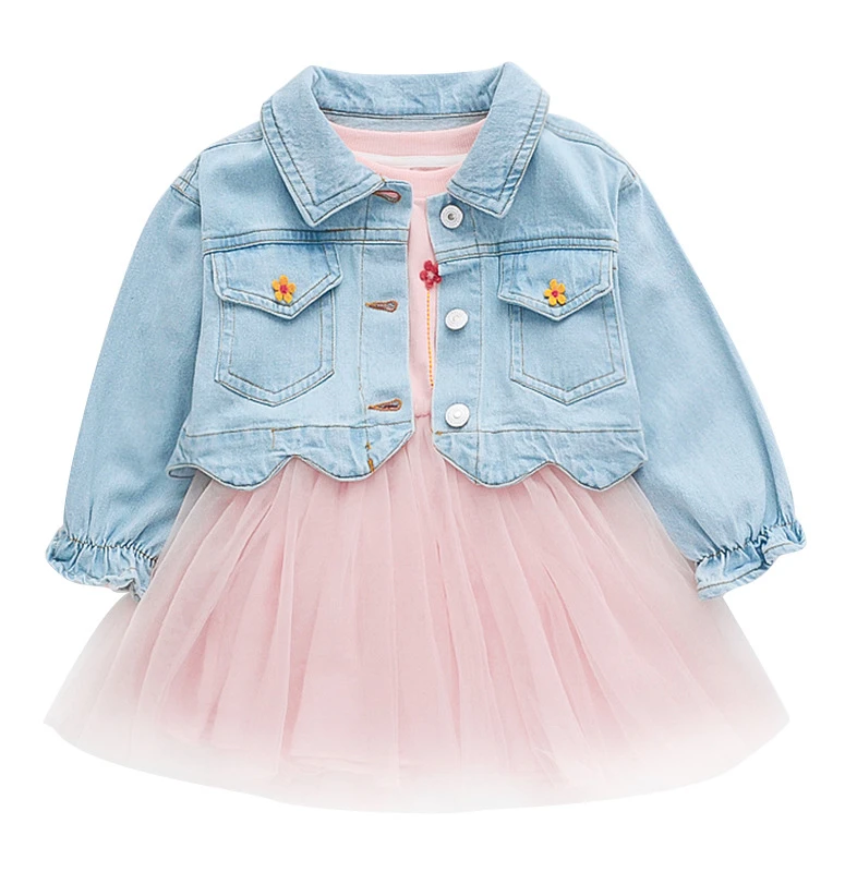 children dresses autumn baby girls jeans and dress suit 2 pcs/set full sleeve danim jacket and princess dress for kids