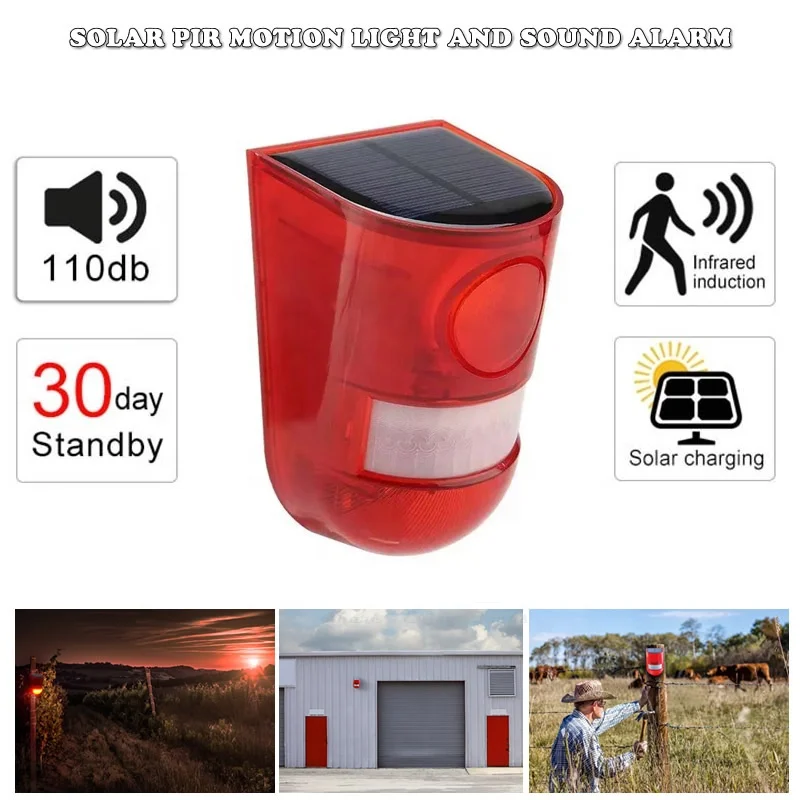 Solar Powered Infrared Motion Sensor Detector Siren Strobe Alarm System 110db Loud for Home Yard Outdoor Security Waterproof LED