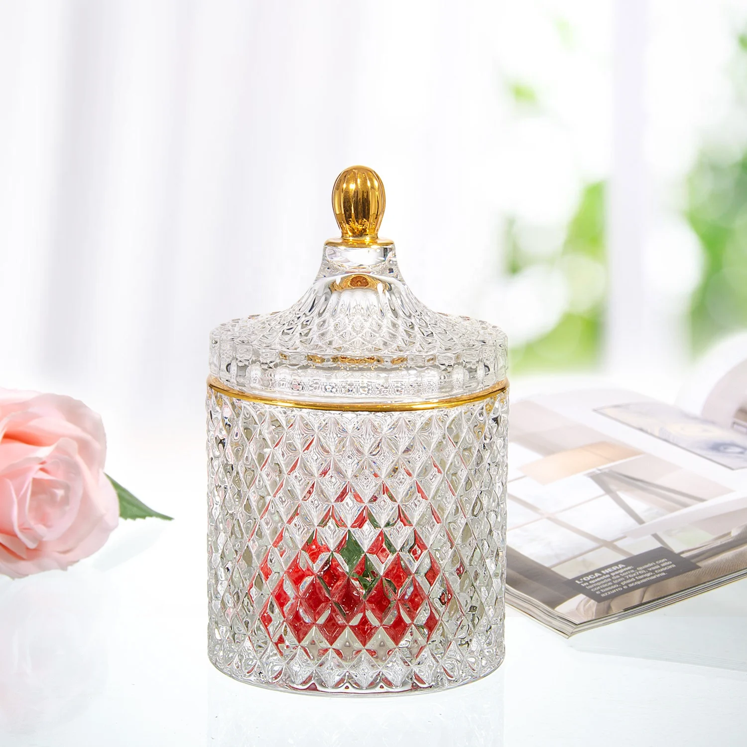 Samyo Crystal Bon Bon Jar Covered Sugar Bowl Small Decorative Cookie Dish Buffet Storage Container Glass Candy Sweet Jars