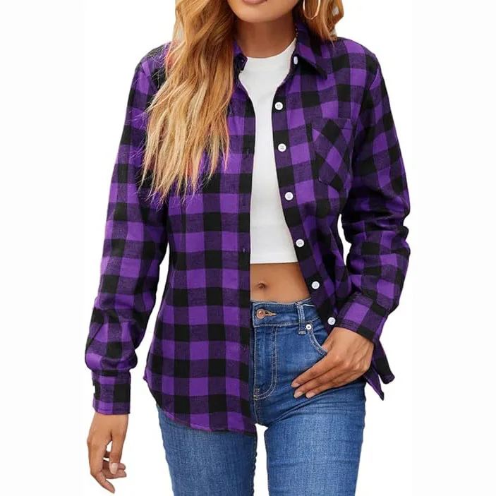 Клетчатые женские рубашки с длинным рукавом на пуговицах фланелевые 100% хлопковые блузки