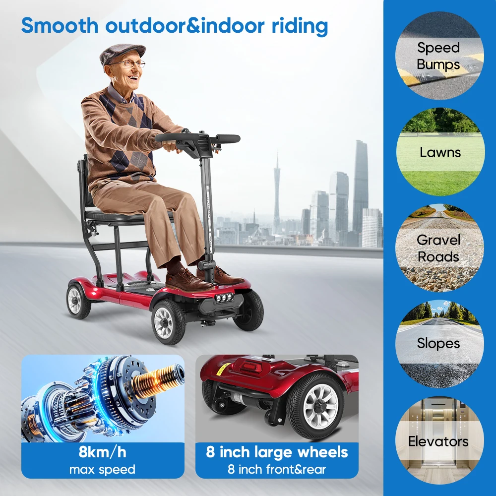 All Terrain 8 inch Lightweight Aluminum Brushless Dual Battery E-Scooter Large Wheel Easy Fold Portable Travel Mobility Scooter