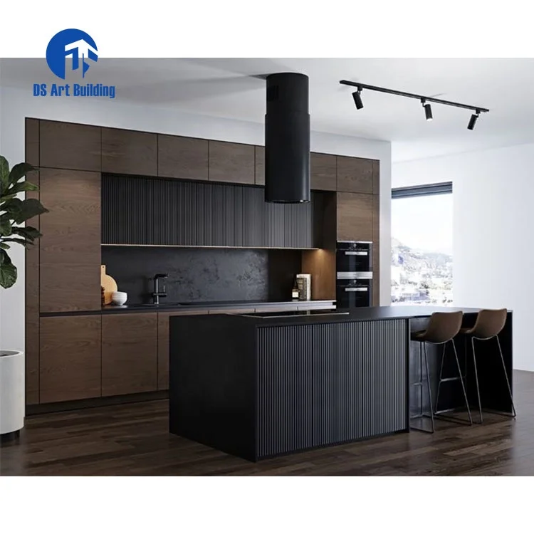 DS luxury modern kitchen sink cabinet glass door black melamine cheap price wooden cabinet kitchen storage cabinet