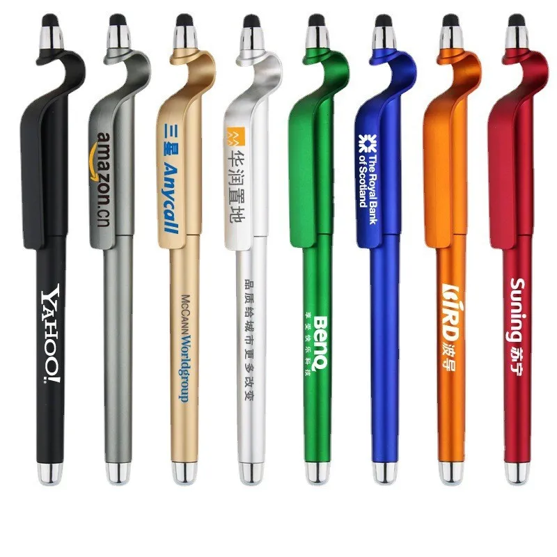 custom logo plastic multi function mobile phone holder stylus ball pen for touch screen with 0.5mm Black or blue  gel ink
