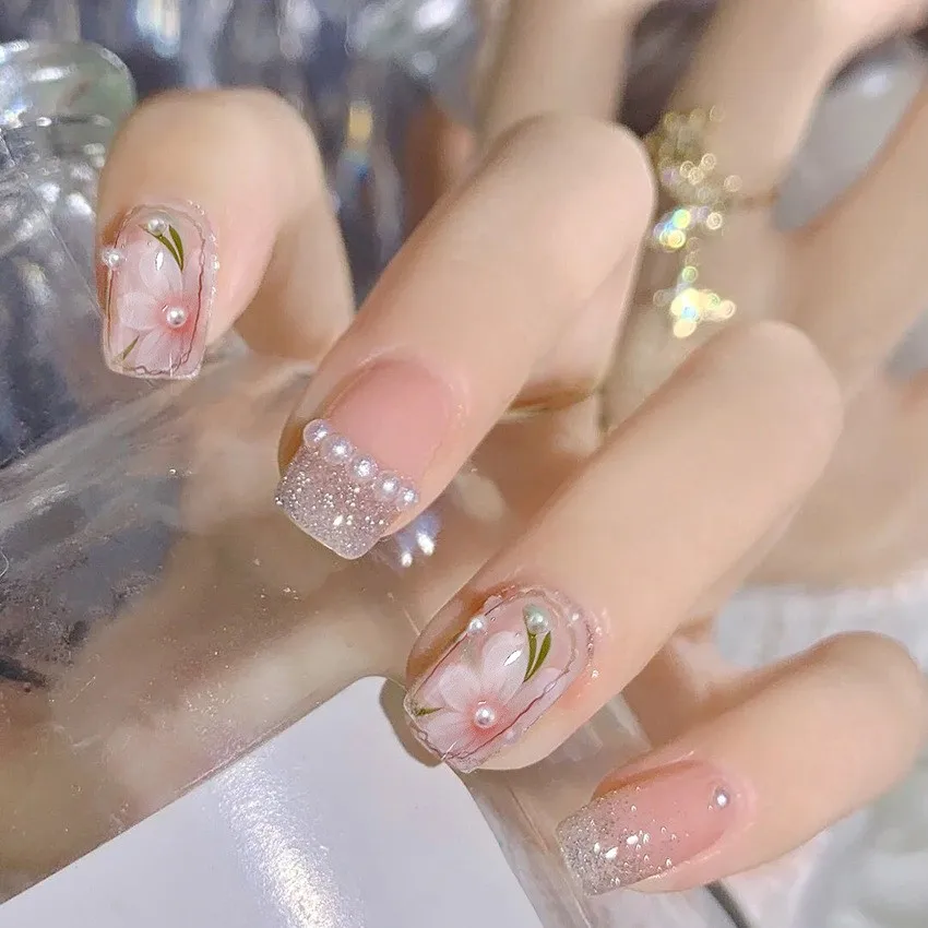 Y41 wholesale 3D honey flower fake nails tips artifical fingernail tips pearl flash powder press on nail custom back glue nails