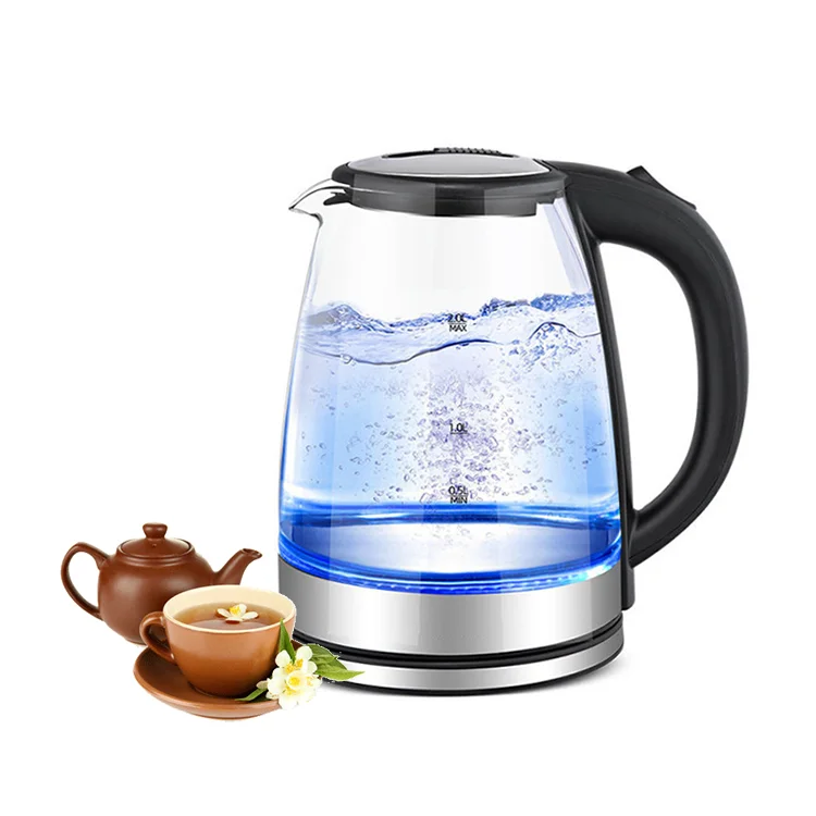 Most Popular Quality 360, Swivel Cordless Thermostatic Glass Body Healthy Material Electric Kettle With Blue Ring Light/