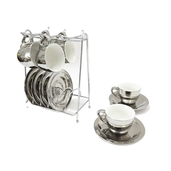 Luxury 12 Pcs Gold And Silver Electroplating Porcelain Coffee/tea Cups And Saucer Set With Rack Espresso cup set