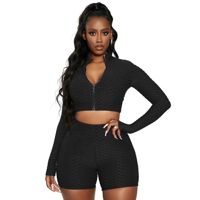 
2021 New Biker Shorts Two Piece Set Ladies Long Sleeve Zipper Crop Top Ruched Jogging Suit 2 Piece Biker Short Set for Women 