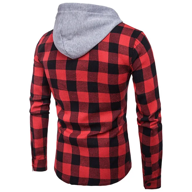 OEM Fashion100% Cotton Shirt Long Sleeve Elegant Wholesale for Men Check Shirts Snap Button Red and Black Hooded Shirt