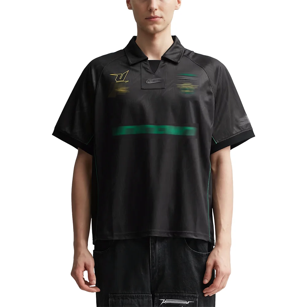 black v neck collared football polyester jersey shirt custom printed mesh panels embroidery patch athletic piped soccer t shirts