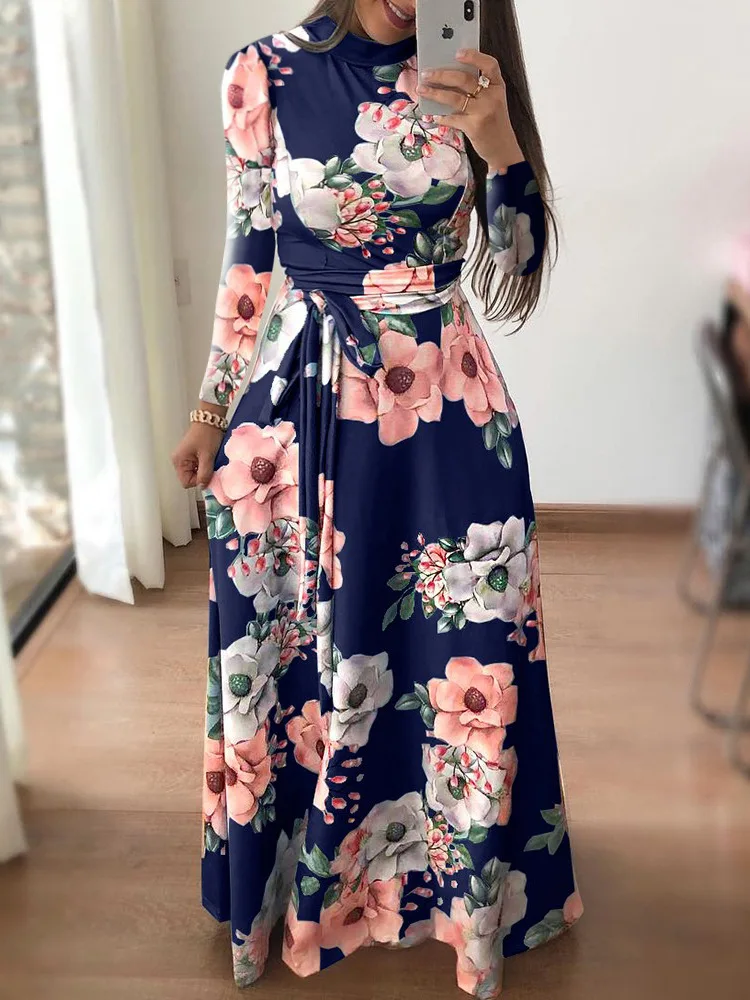 Summer Ladies Casual Long Dress Bohemian Print Turtleneck Sweater