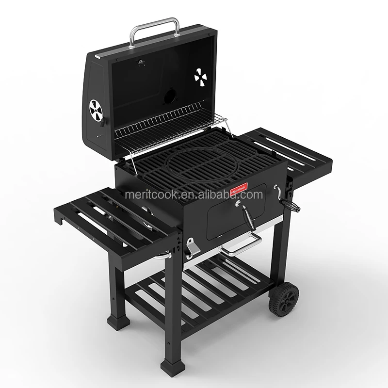 Heavy Duty Two Tables BBQ Grills Cast Iron Grids Large Trolley Smoker Charcoal Barbecue BBQ Grill with Optional Rotisserie