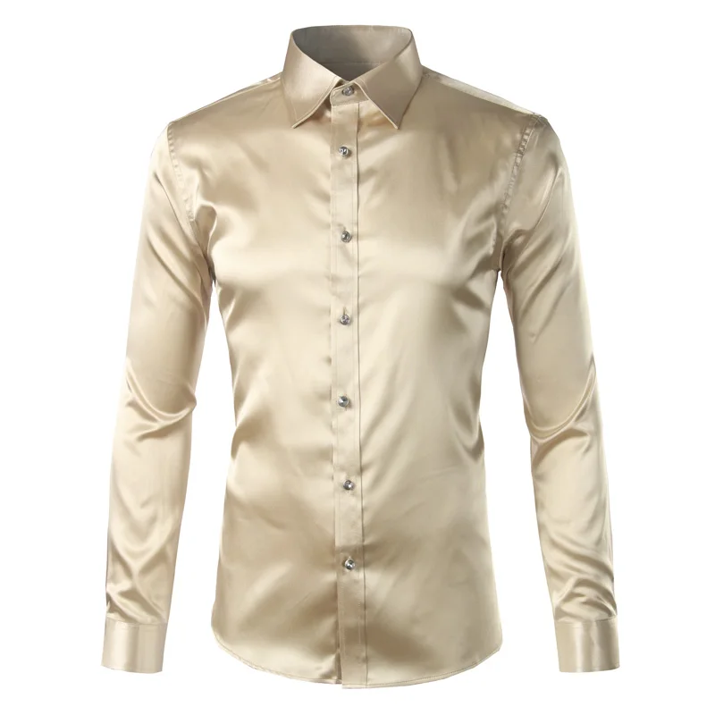 Custom Satin Silk Men  Fashion Long Sleeve Mens Slim Tuxedo Shirts Casual  Button Down Dress Shirts