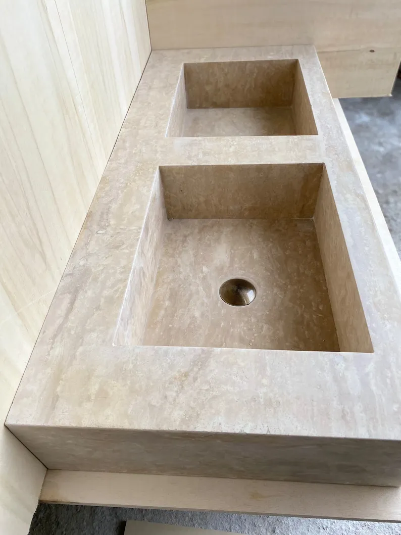 Stone Vanity Top Travertine Double Sink Bathroom Vanity Top Modern Natural TR Marble Beige 3D Model Design Bathroom Decor,villa