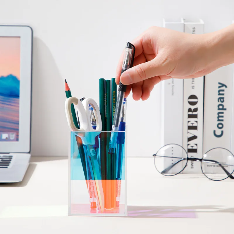 Custom Rainbow Acrylic Makeup Brush Organizer Iridescent Acrylic Storage Box Acrylic Pen Holder