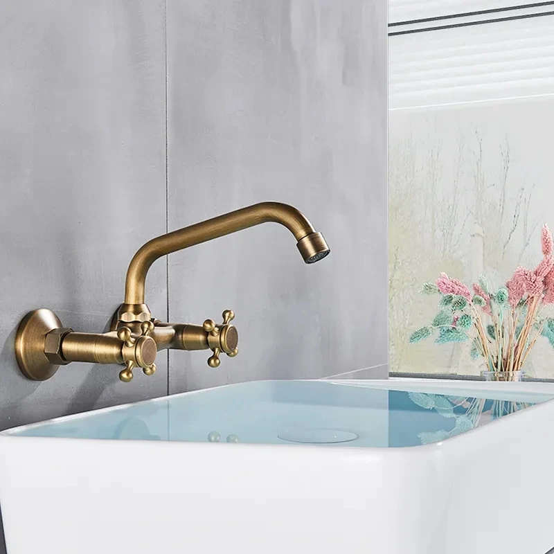 Antique Brass Kitchen Faucet Hot And Cold Water Mixer Faucets Wall Mounted Tap Vessel Sink Mixer Tap Swivel Spout Basin Mixer