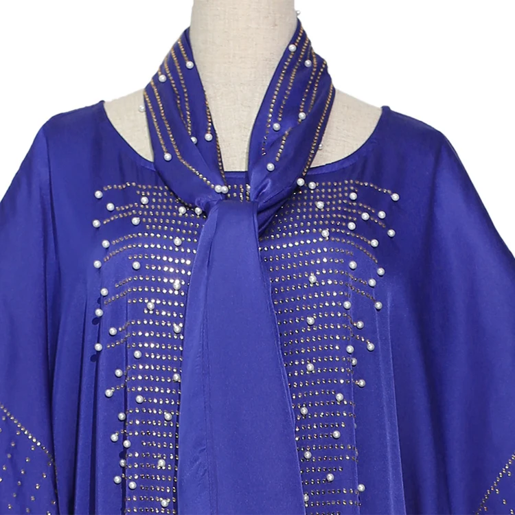 
Abaya African Women Heavy Rhinestone Beaded Silk Satin Crew Neck Wide Bat Sleeve Turban Dress Robe 