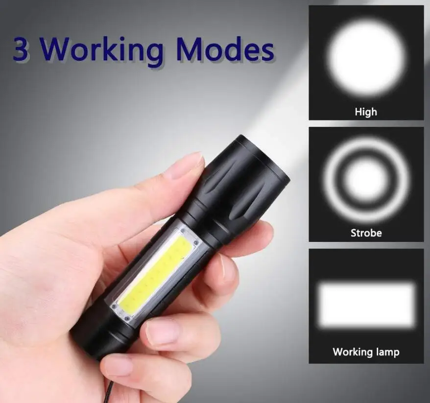 
18650 powered Cree T6 inside 2 in 1 Rechargeable USB Flashlight with Side COB Camping Flood Light 