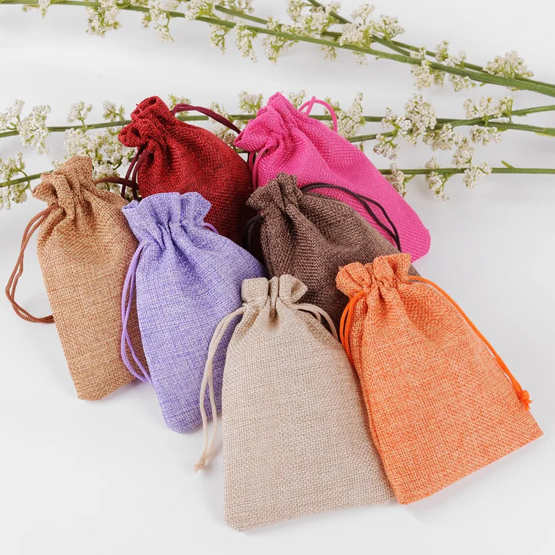 8*10cm Logo Customs Hemp Linen Cloth Bag Storage Jewelry Packaging String Bags with Strings for Tea Jewelry