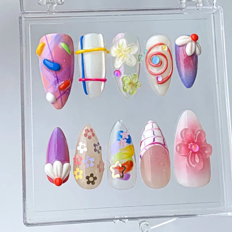 2025 Luxury Almond Pattern 3D Press-On Gel Nails 10pcs High Quality Soft ABS Acrylic Handmade Reusable Nail Art Model Design