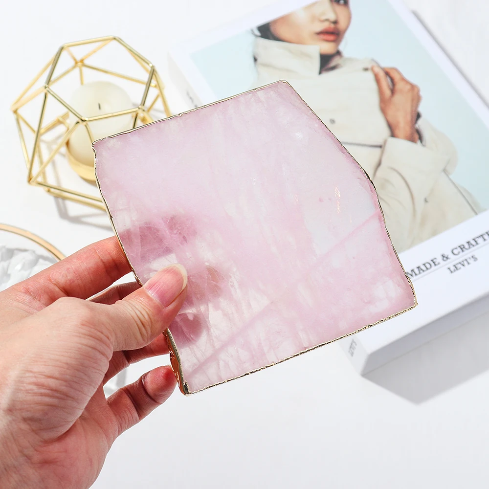 Wholesale of natural crystal carvings Rose quartz Gold border square coaster spiritual healing  financial luck  home decoration
