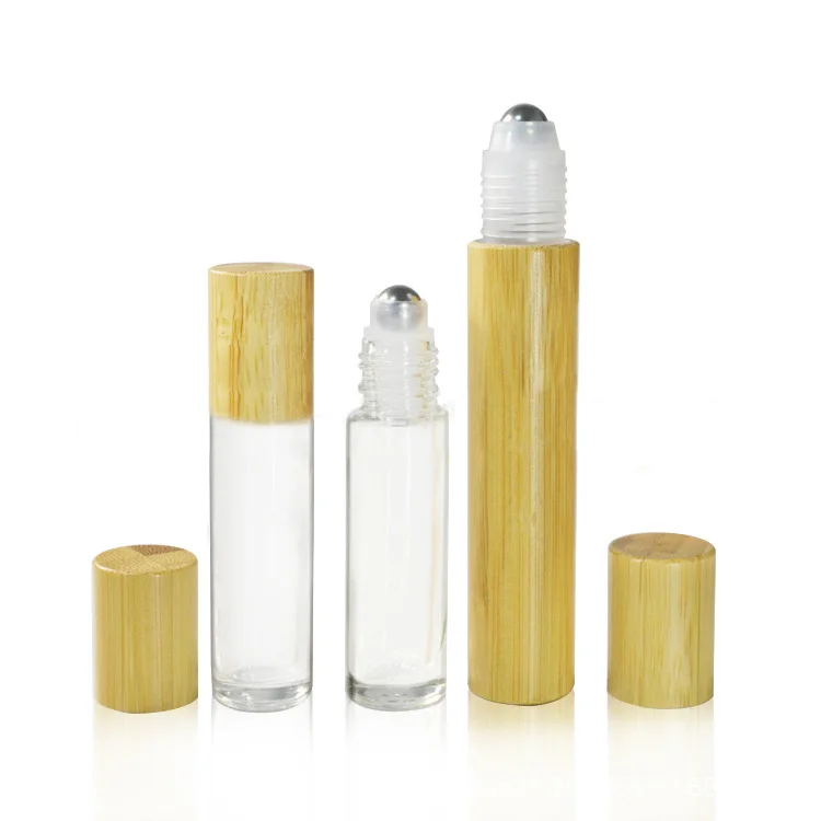 2020 New product 10ml clear oil glass roll on bottle with bamboo wood top roller ball cap