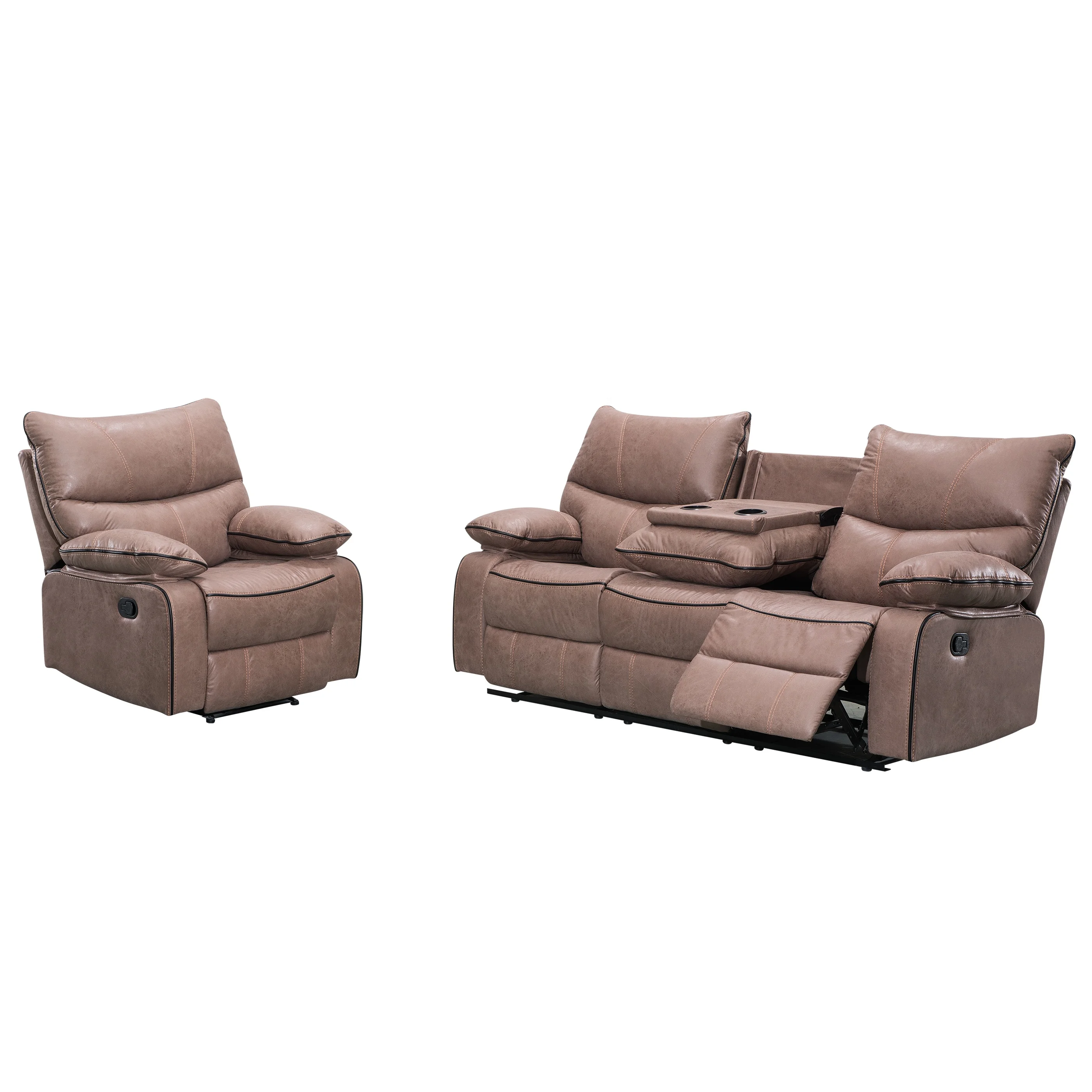 CY Palomino Fabric Recliner Chair Loveseat with Cup Holder 3 Seater Recliner Sofa with Drop Down Table