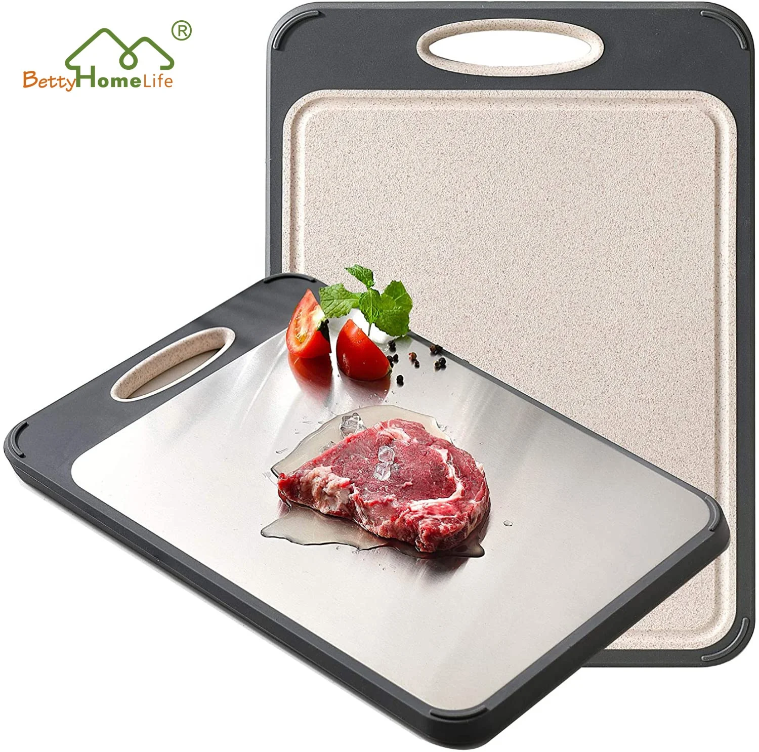 Double-Sided Cutting Board for Kitchen with Stainless Steel and Plastic for Meat Vegetable Fruit Non-Slip Easy Clean