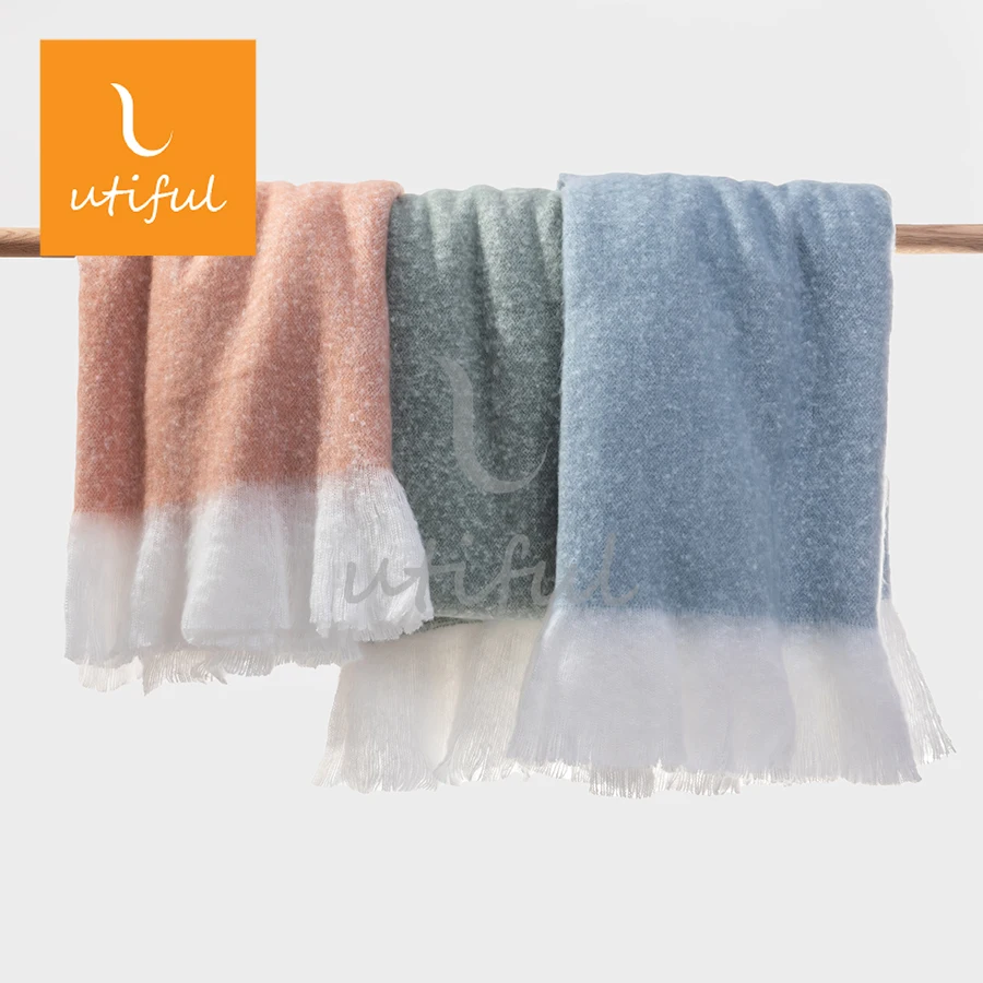 Ultra soft fluffy 2 tones warm polyester mohair throw blanket for sofa