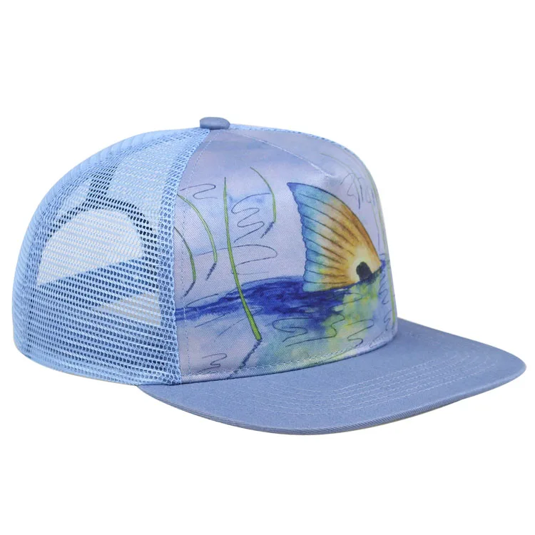 custom 5 panel flat bill sublimation printed mesh trucker hats