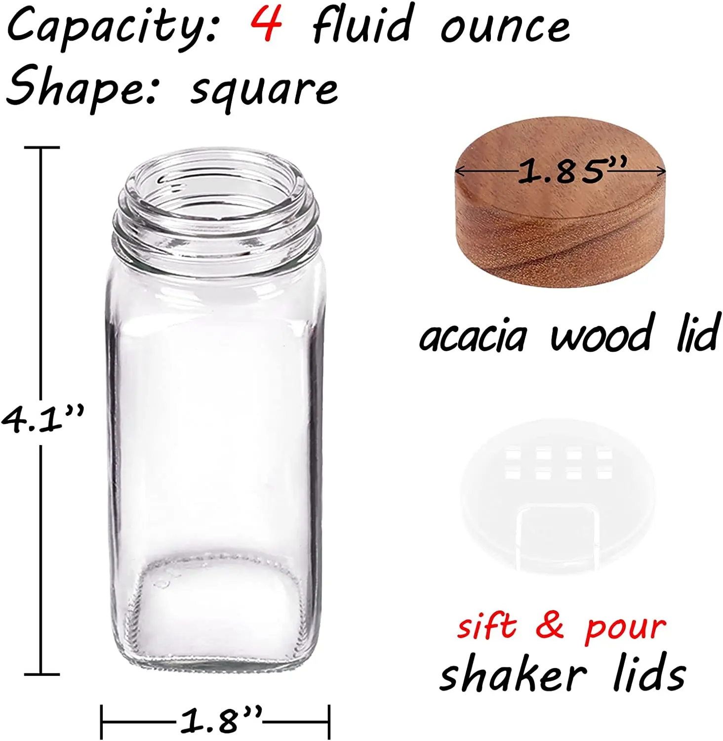 24 Spice Jars  - Glass Spice Jars with Shaker Lids - 4 Oz Square Spice Containers with Acacia Wood Lids