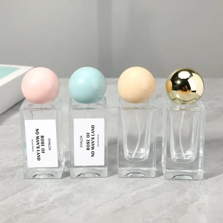 Customized label 30ml 50ml transparent color ball shape lid new man woman designer perfumes bottle