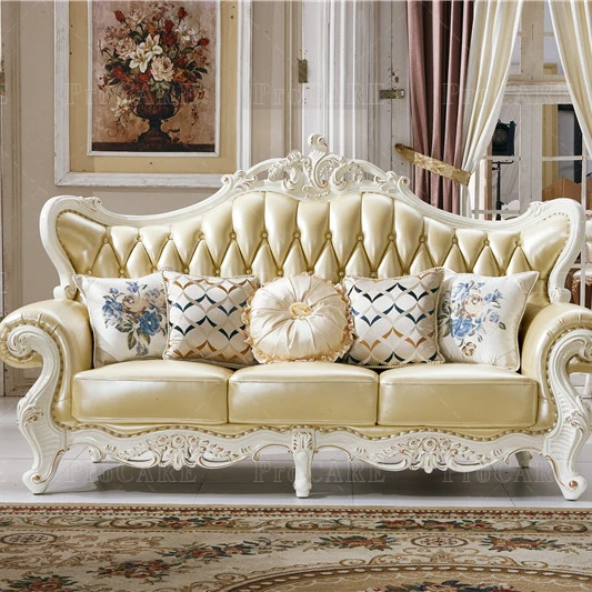European style genuine leather sofa combination solid wood pearl white sofa set