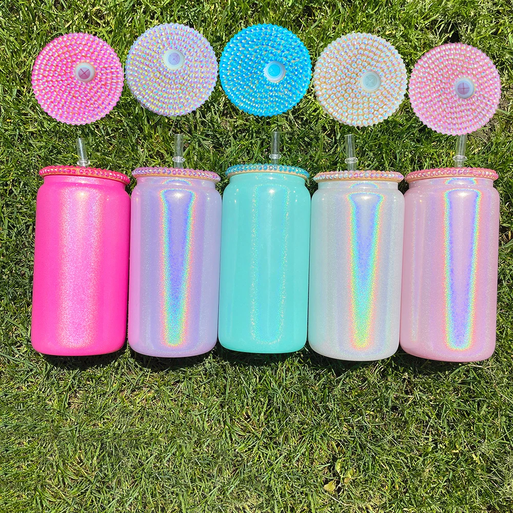 Wholesale Bulk 16oz blue pink white silver purple Shimmer Glitter Glass Can blank sublimation glass cup with bling lids