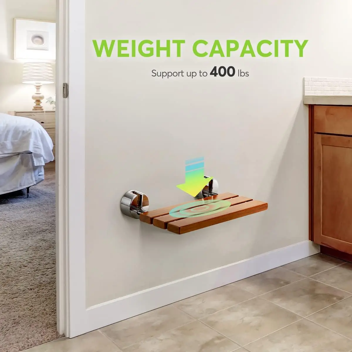 400 lbs Capacity 20 Inch Teak Folding Bathroom Bench Stool Seating Chair Medical Wall Mounted Fold Down Shower Seat